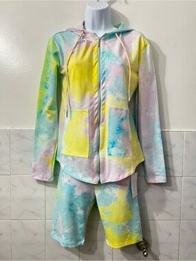 Rose Velvet Tie Dye Hoodie and Bike Shorts Set Women’s S Athleisure Lounge Retro